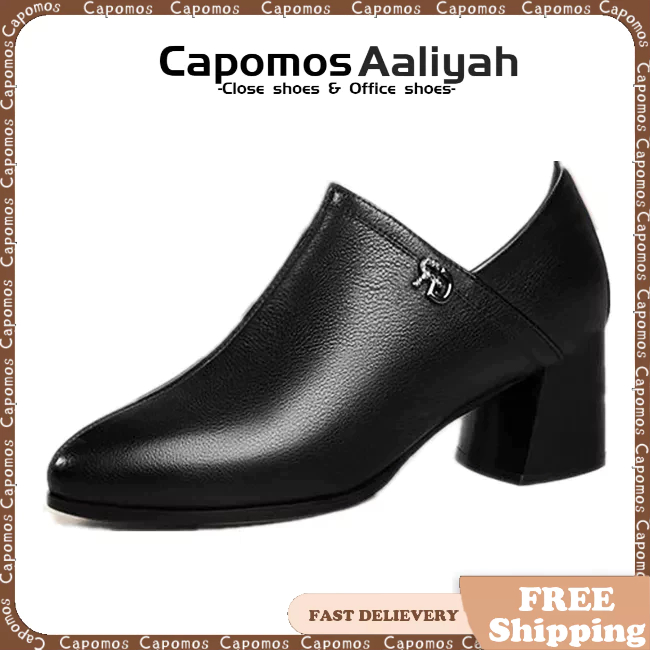 Capomos 2022 new deep mouth mid-heel leather shoes women's thick heel ...
