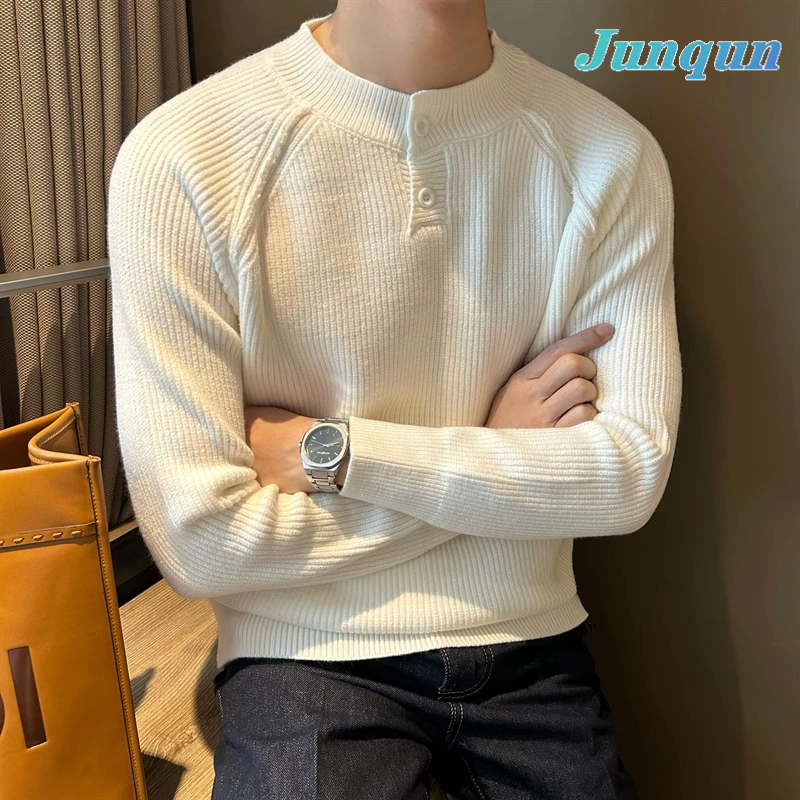 Junqun knitted sweater men with jacquard fine stripe Henry neck base ...