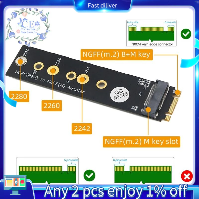 M.2 (NGFF) Key B+M to Key M Adapter Supports 2242/2260/2280 Type M.2 ...