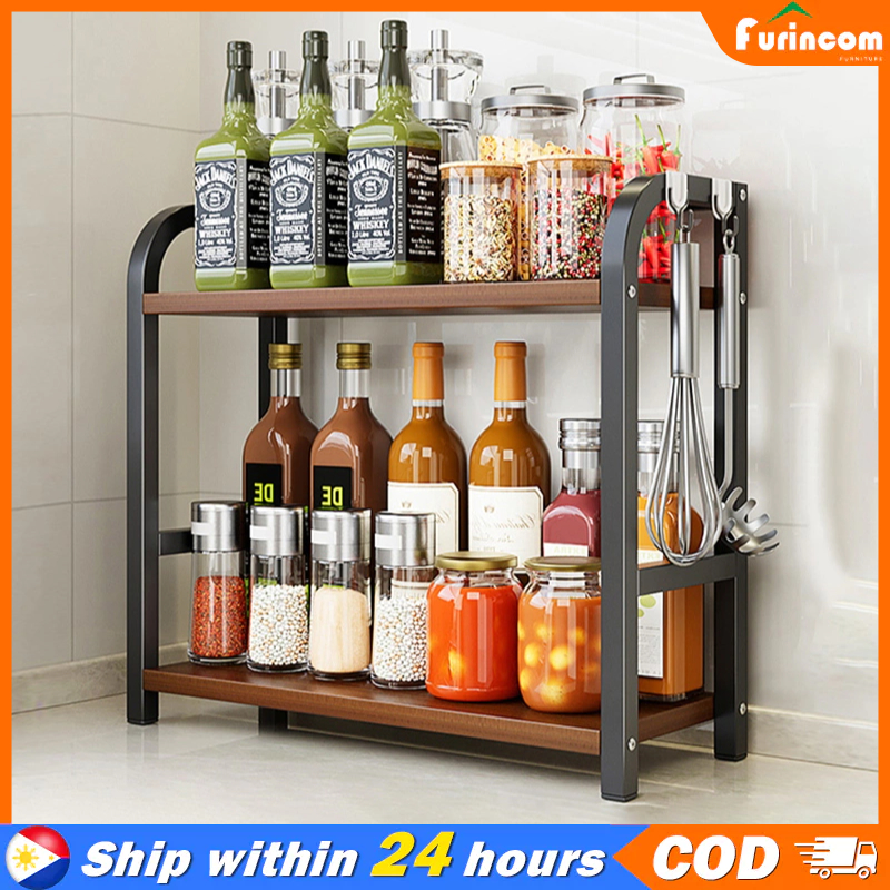 2 Tiers Spice Rack Condiments Organizer Kitchen Seasoning Storage Multi ...