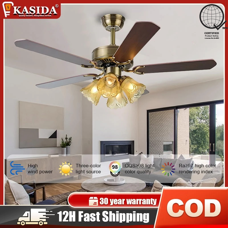 KASIDA Retro Design Ceiling Fan With Light 3 Colors Dimming Chandelier ...