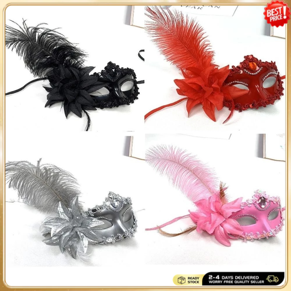 Feather Masquerade Mask With Stick Mardi Gras Lace Masks For Women
