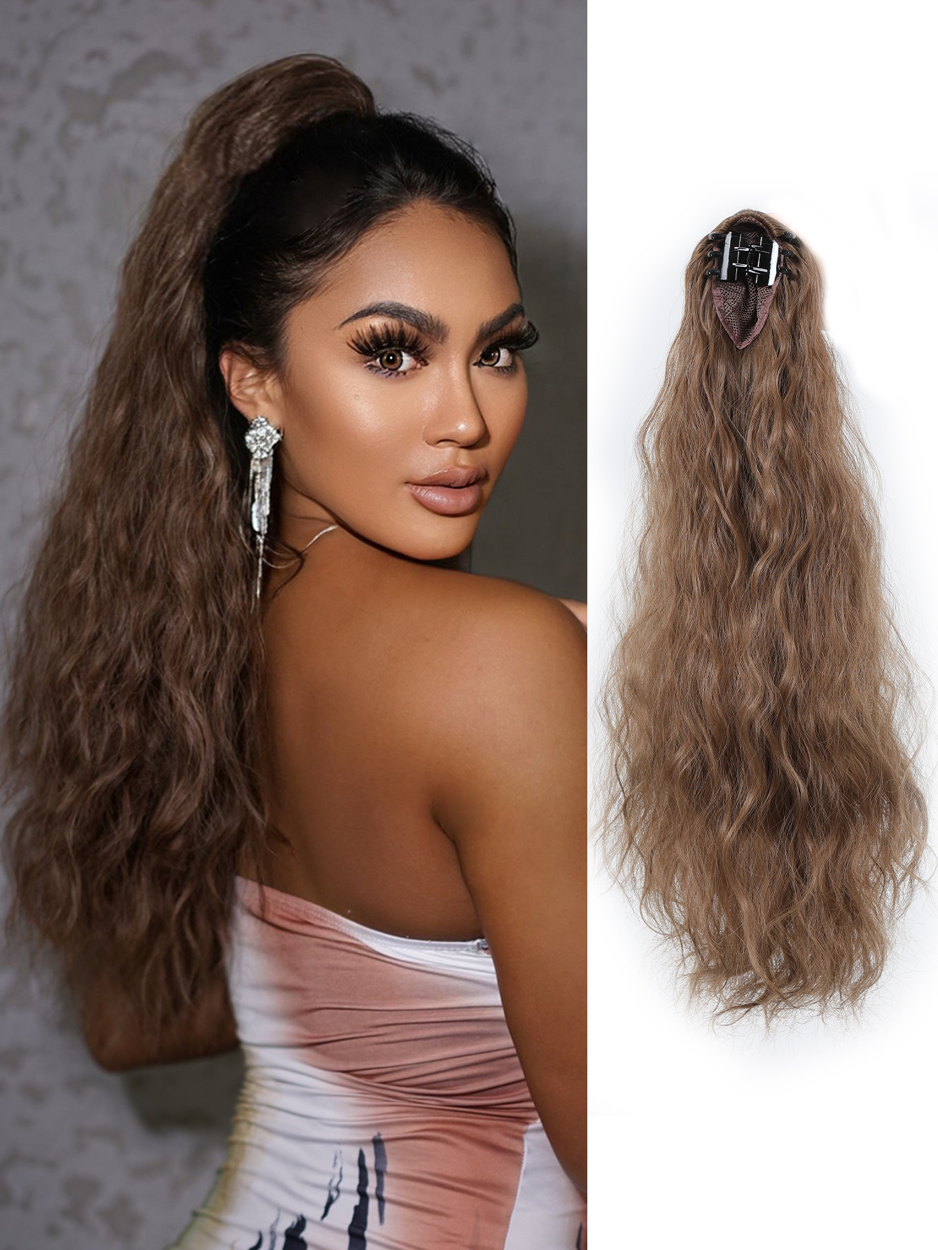 22 Inch Brown Synthetic Long Wavy Pony Tail Hair Claw Clip On Ponytail