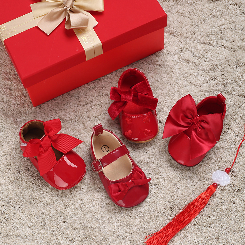 Spring and Autumn Girl Baby Shoes 0-1 Year Old Baby Soft Sole Red Bow ...