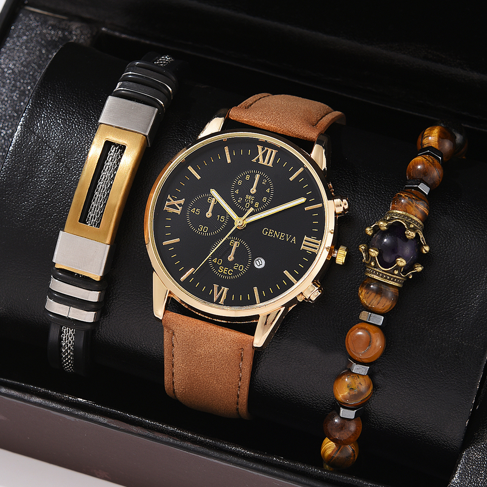 3 Pcs Fashion Light Luxury Men's Bracelet Watch Set Business Quartz ...