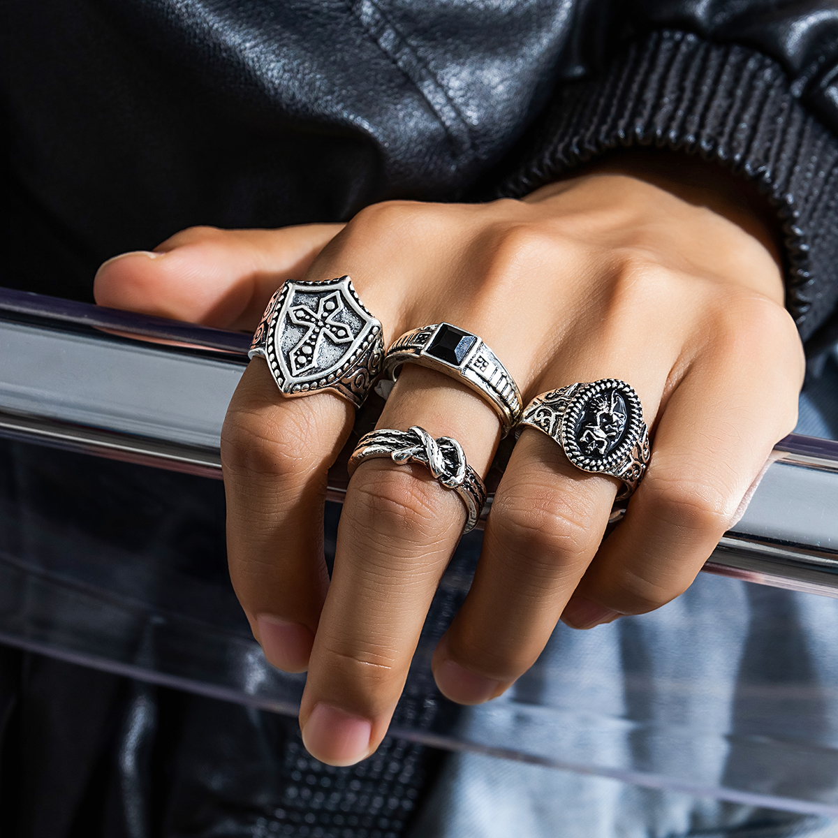 Vintage Viking Cross Shield Skull Rings Set for Men Cool Boy Street ...