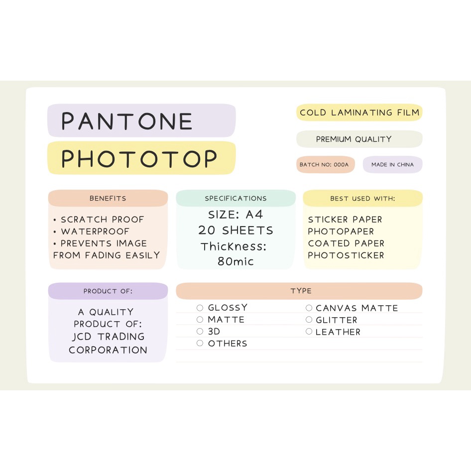 PANTONE Photo Top Phototop Cold Laminating Film (20 Sheets) Matte ...