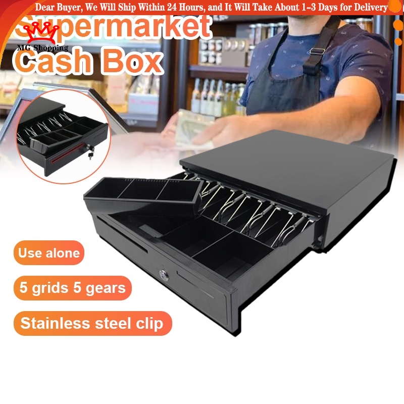 Drawer Cash Box Register Cashier Box with Key Lock 5 Grid 3 Stal Safety
