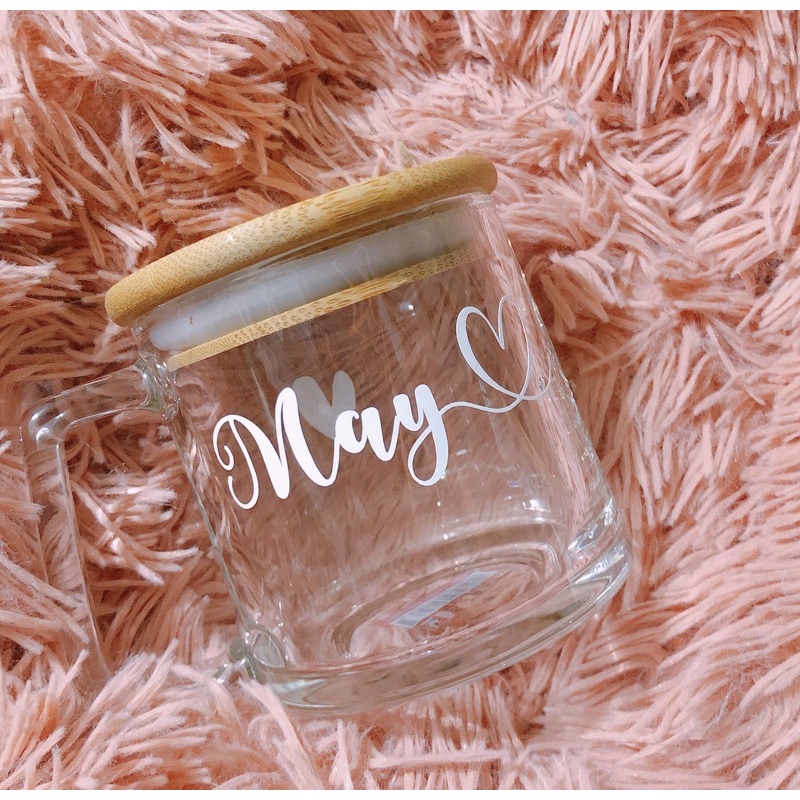 Personalized gold rim/clear mug with engraved bamboo lid gift set