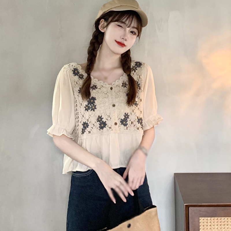 women korean tops chiffon solid croptop Loose V-neck Shirt hollow ...