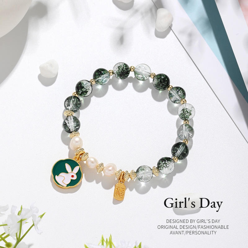 Green Crystal Bracelet Female Simple Niche Oriental Pastoral Design Feeling  Jade Rabbit Pendant For Girlfriend Bra