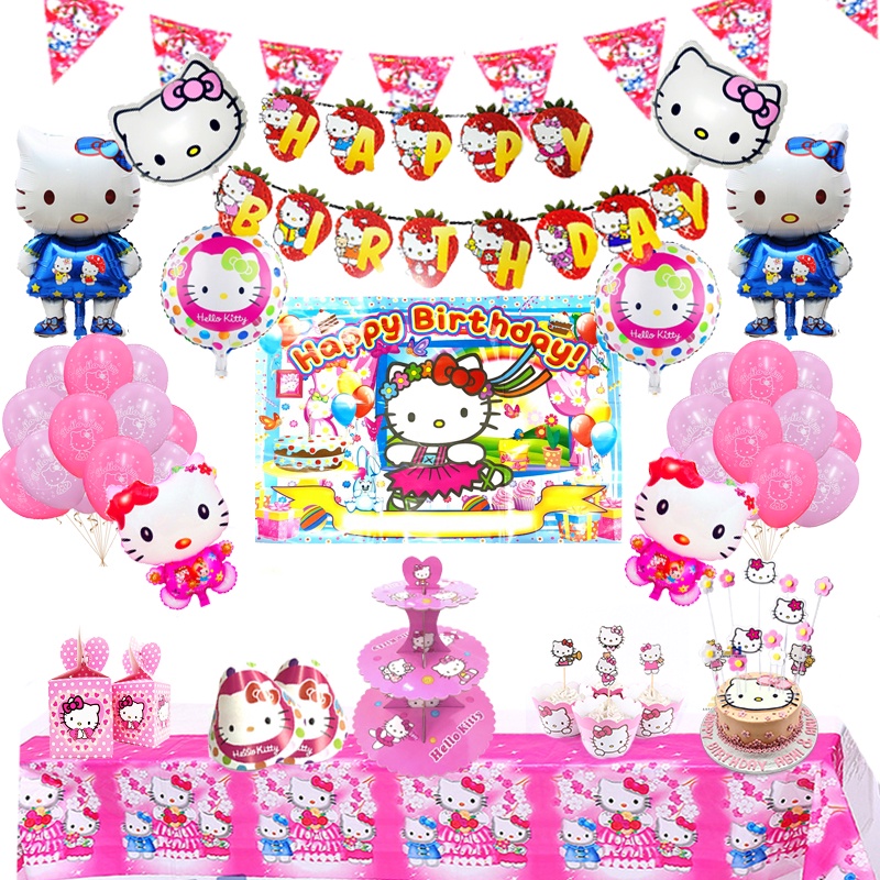 Hello Kitty Theme Birthday Decoration Balloon Backdrops Kid's Happy