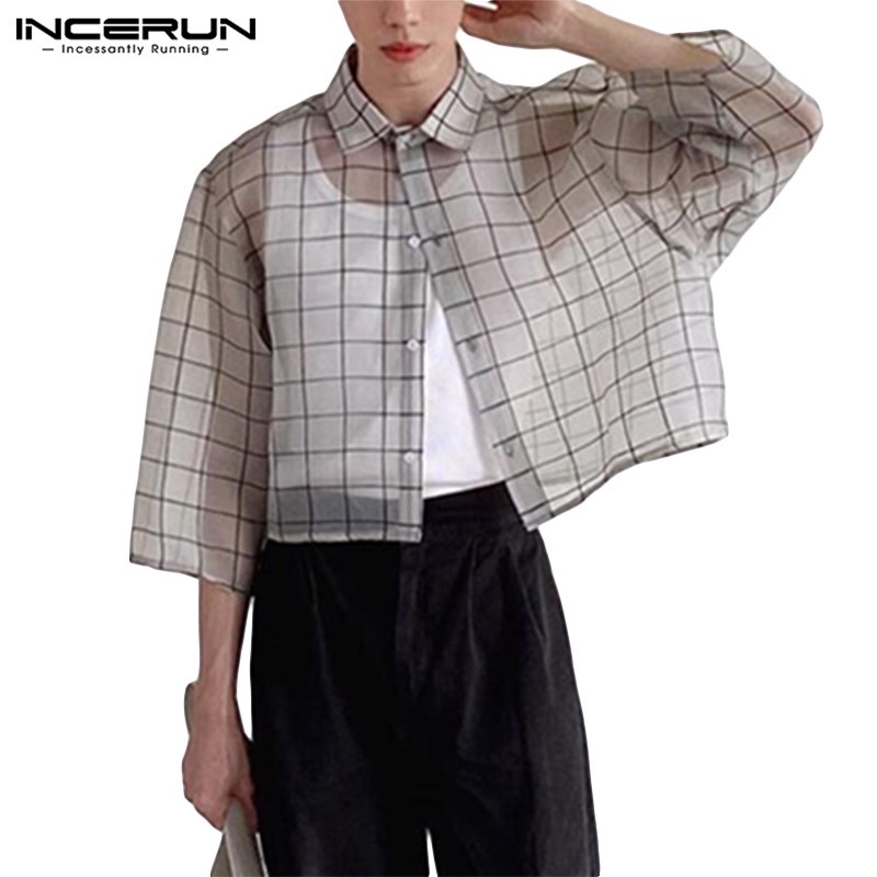INCERUN Men Sheer Loose Short Sleeve Button Up Plaid Casual Crop Shirts Shopee Philippines