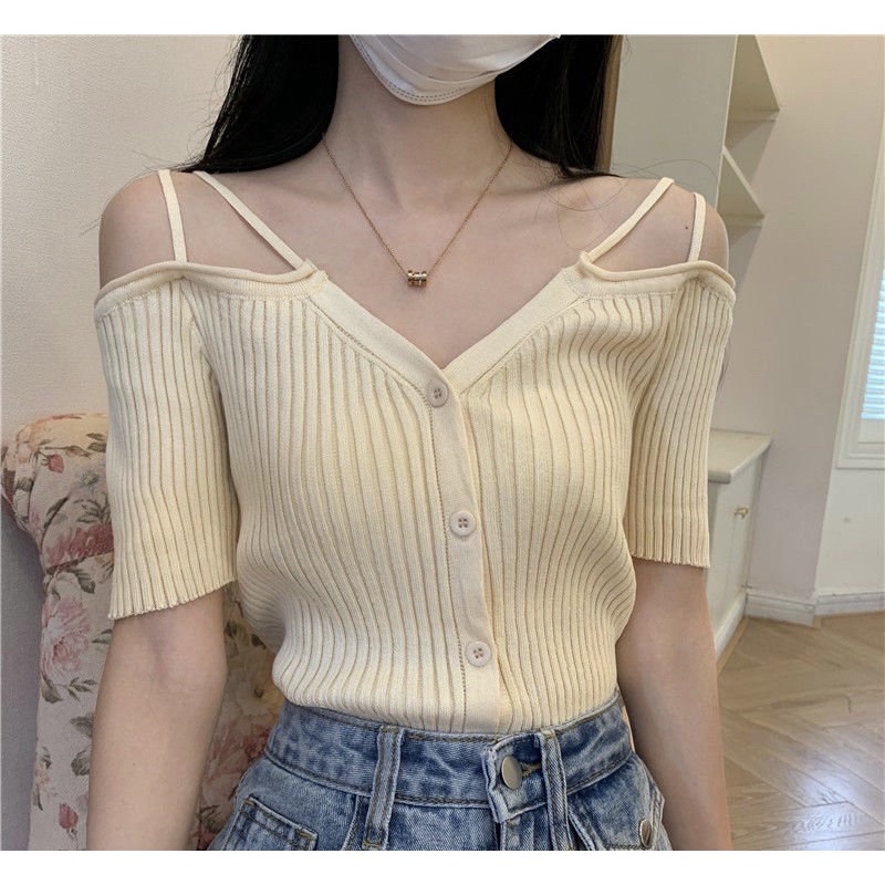 Off Shoulder V-Neck Knitted Tops Sexy Button Down Knitted Crop Top ...