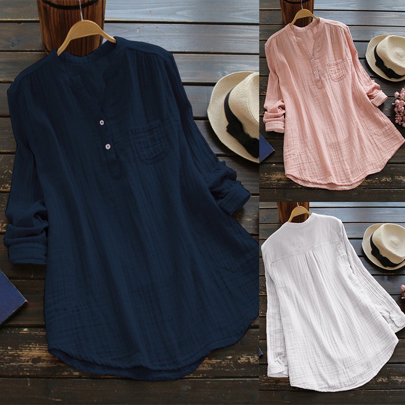 Retro Women V Neck Buttons Long Sleeve Pullover Blouses Plus Size ...