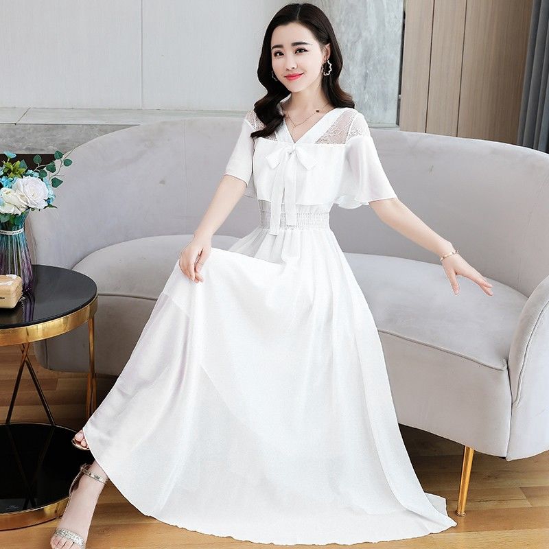 white dress 2020 summer chiffon maxi Korean dress long dress | Shopee ...