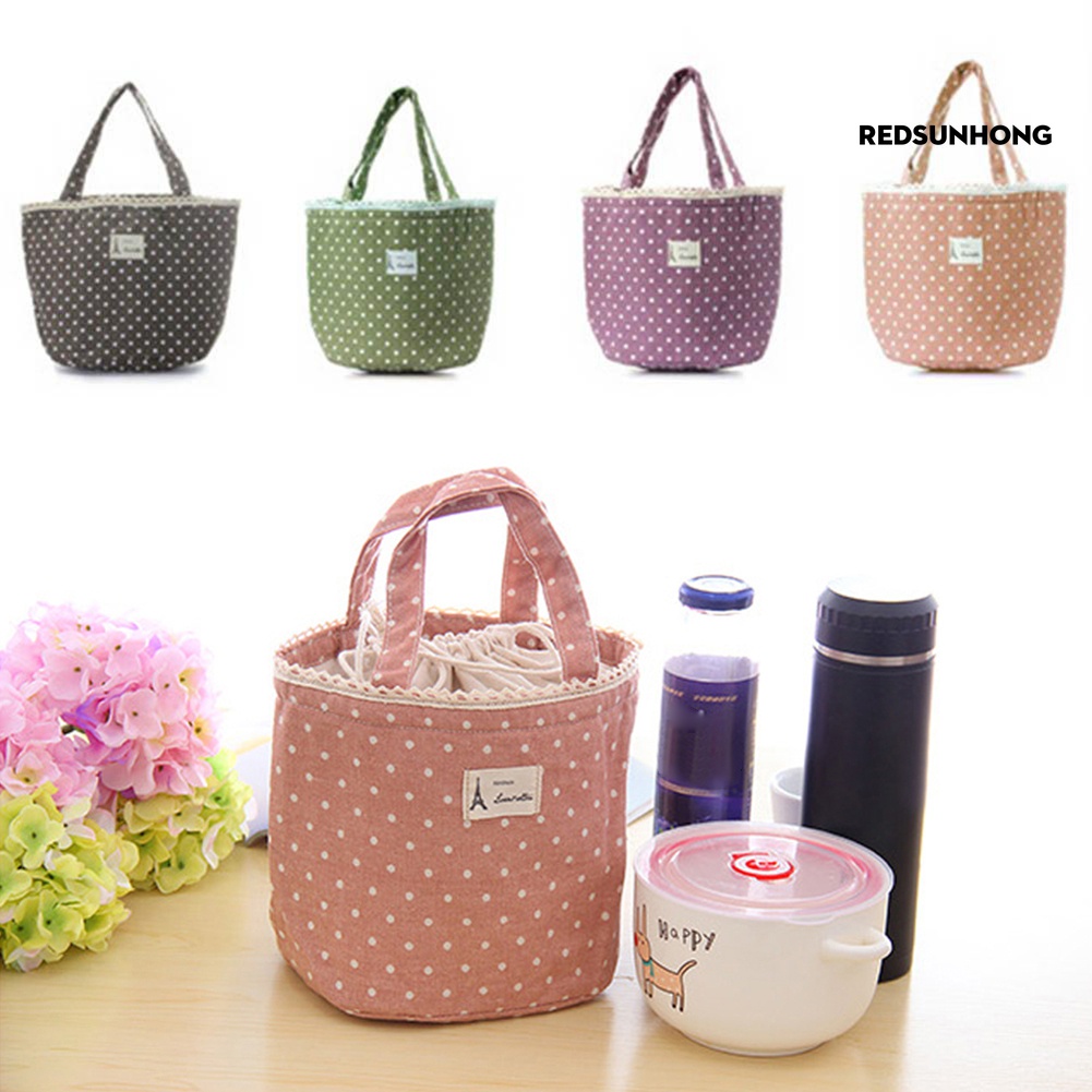 [School] Portable Linen Cotton Polka Dot Drawstring Insulated Food ...