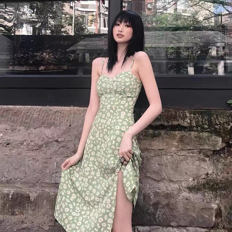 Blackpink jennie retro vocation vintage Sexy green Floral daisy flower Cami  Slip Dress long dress | Shopee Philippines