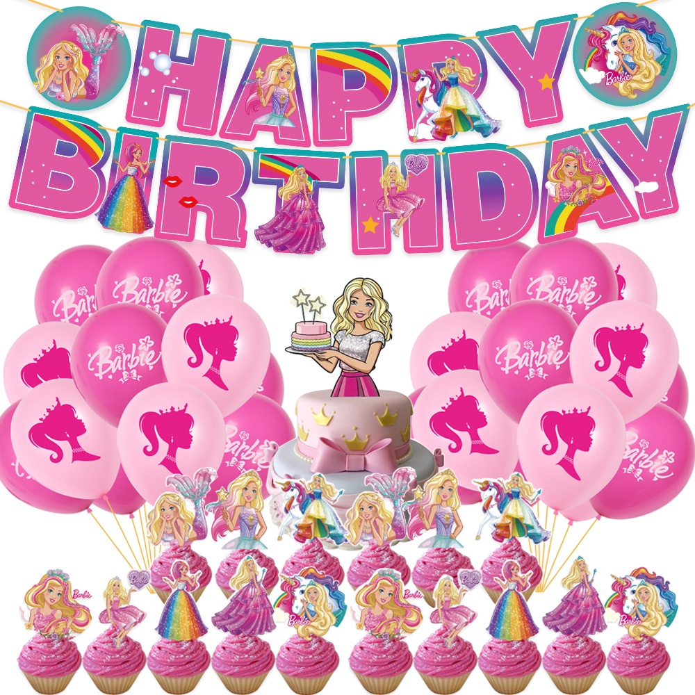 Princess Barbie Theme Party Decorations Set Cartoon Happy Birthday Banner Balloon Cake Topper Girl Party Decoration