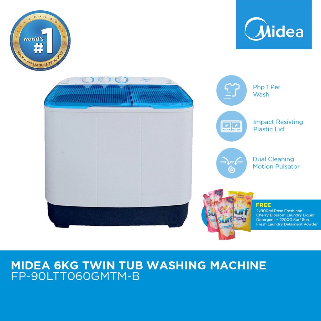 Midea 6.0 KG Twin Tub Washing Machine Dual Cleaning Motion. FP90LTT060GMTMB with FREE