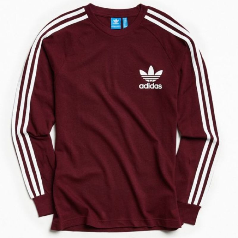 Adidas burgundy 3 stripe t shirt on sale