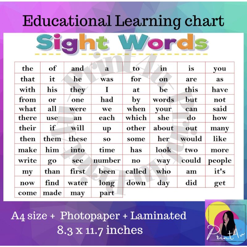 100 sights words Laminated reading learning materials | Shopee Philippines