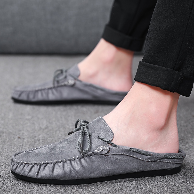Summer half drag men's shoes beanie shoes slip-on shoes Korean version  light and soft no heel loafers leather men's shoes