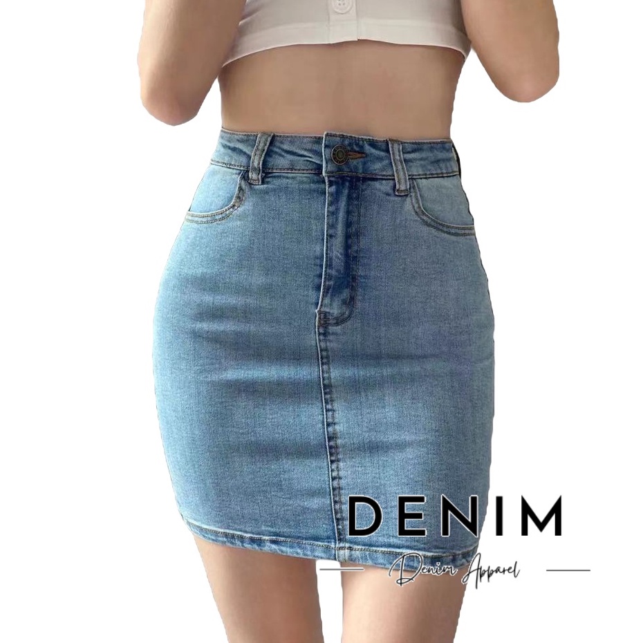 denim apparel Retro High waist elastic Hip Wrap Skirt slim fit leg long thin one button denim skirt Shopee Philippines