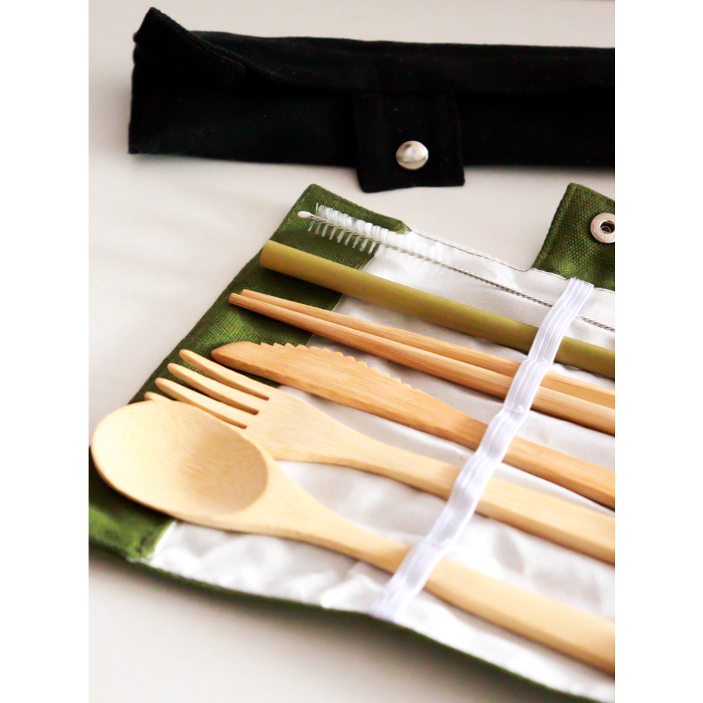 WOODEN BAMBOO CUTLERY TRAVEL SET WITH POUCH ECO FRIENDLY BIODEGRADABLE AESTHETIC Shopee