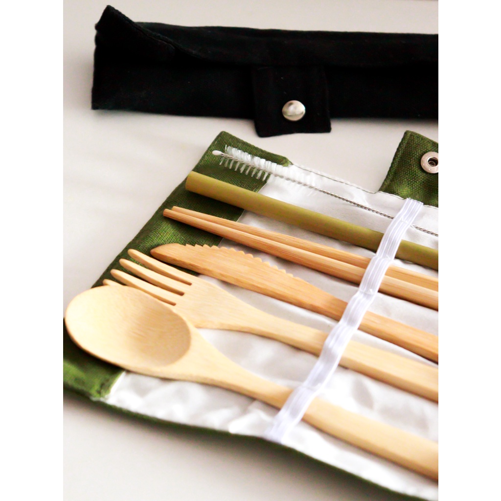 WOODEN BAMBOO CUTLERY TRAVEL SET WITH POUCH ECO FRIENDLY BIODEGRADABLE ...