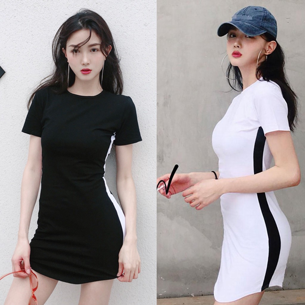 Korean Women Stripe Side Short Sleeve Bodycon Pencil Mini Dress ...