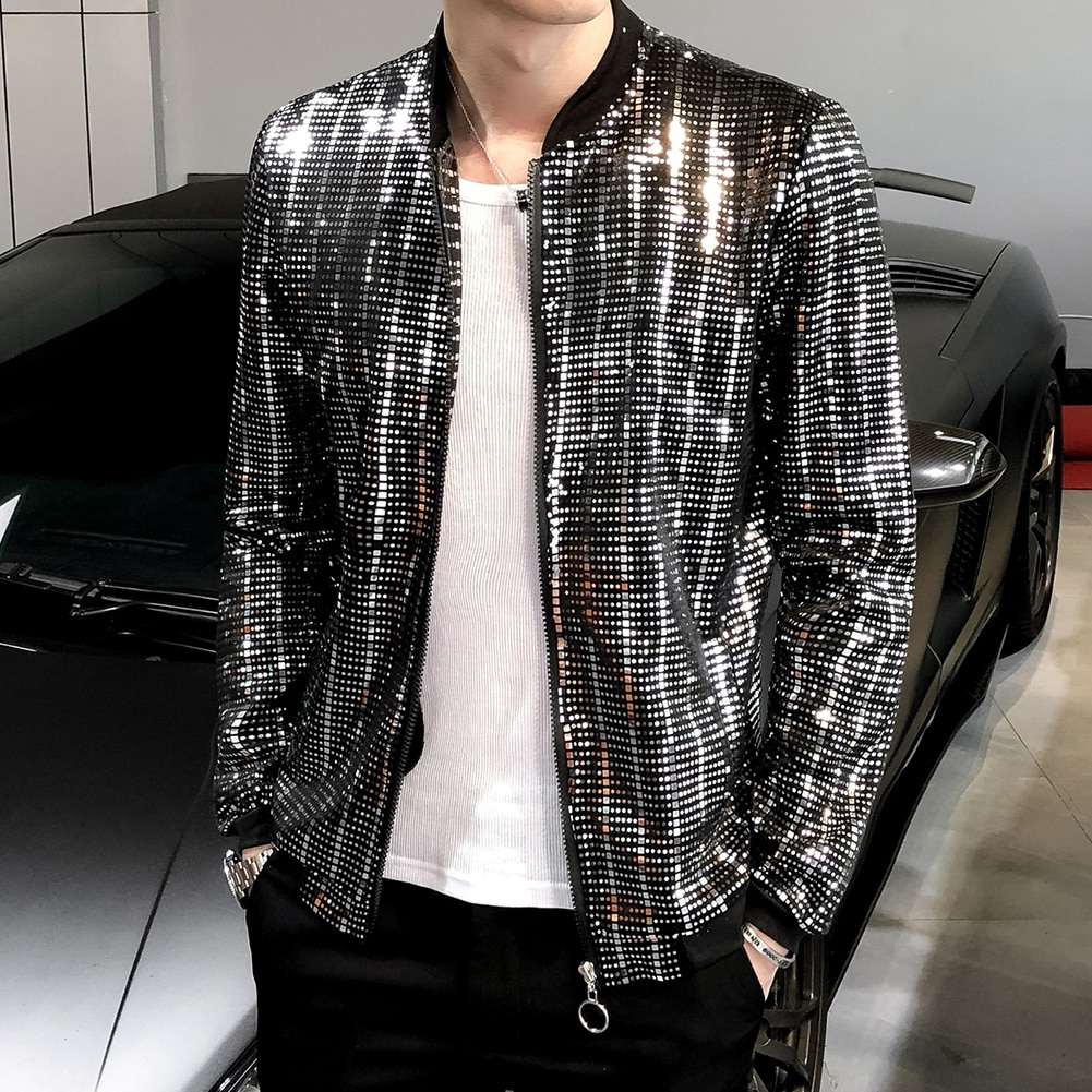 2024 New Sequined Bomber Jacket Men Shiny Sequins Long Sleeve Glitter ...