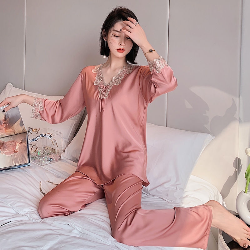 Women's Silk Satin Two-Piece Pajamas Sets Ice Silk Sexy Lace Nightgown  Sleepwear (4 Colors)