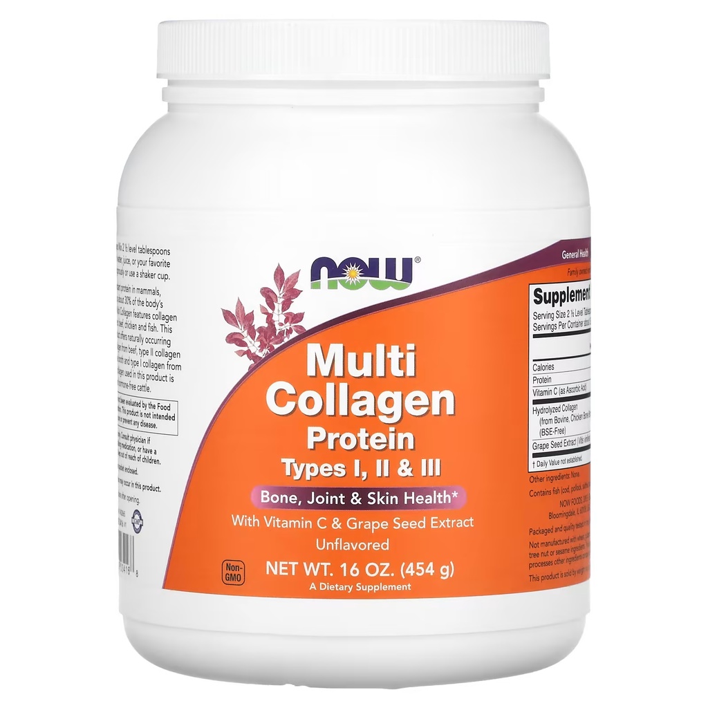 NOW Foods, Multi Collagen Protein, Type I, II & III, Unflavored, 16 oz ...