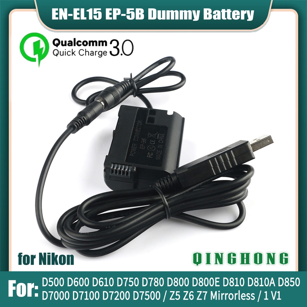 USB to EN-EL15 EL15A Dummy Battery EP-5B DC Coupler Power Bank USB  Cable for Nikon D850 D7000 D7100 D7200 D7500 Z5 Z6 Z7 Mirrorless V1