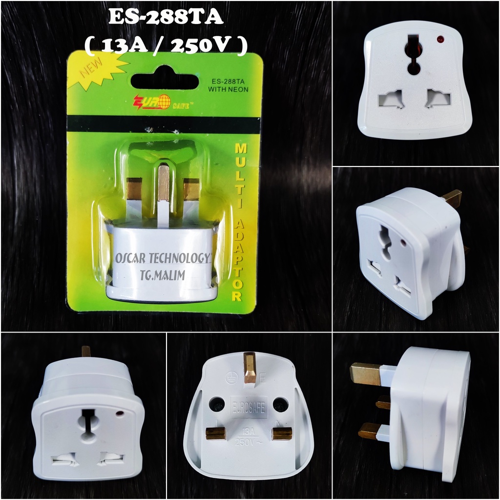 Eurosafe 3 pin Universal Multi Adapter / 13A UK 3 Way Adaptor With Neon ...