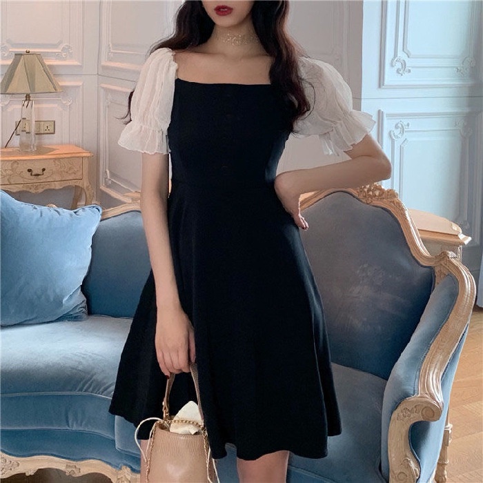 Chiffon off-the-shoulder One-line Puff sleeve skirt French Women Dress ...