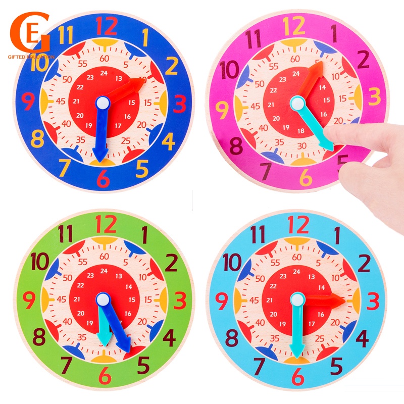 Montessori Math Toys Wooden Clock Kids Learn To Tell The Time Wood ...