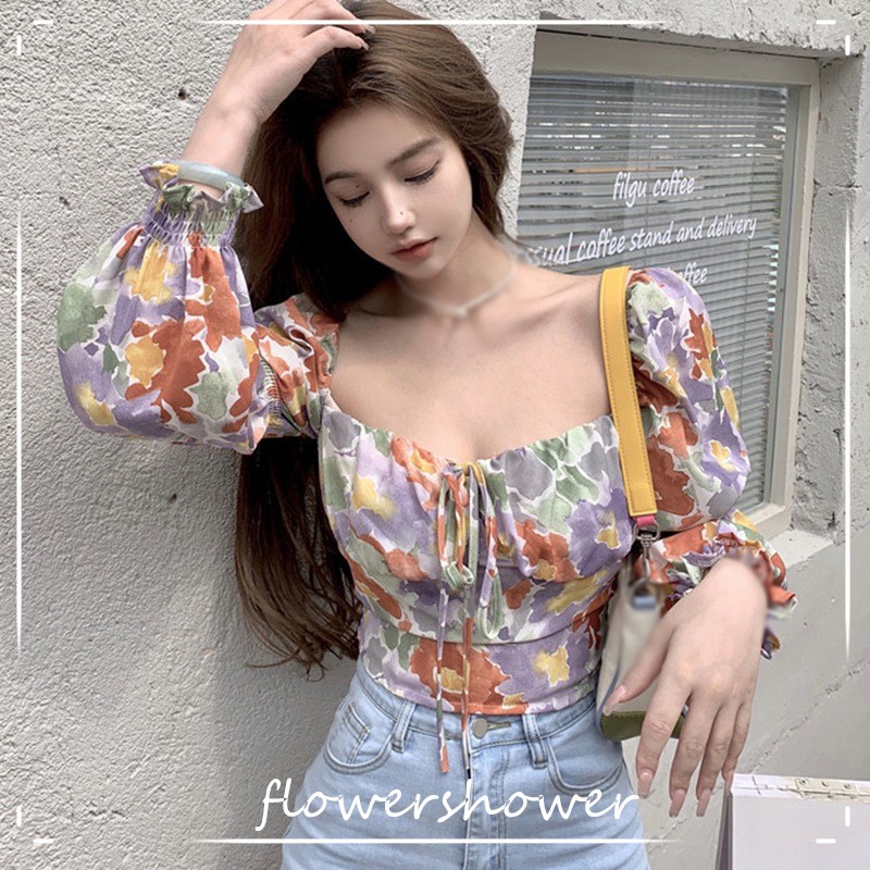 Crop Tops For Women Puff Sleeve Floral Korean Style Long Sleeves