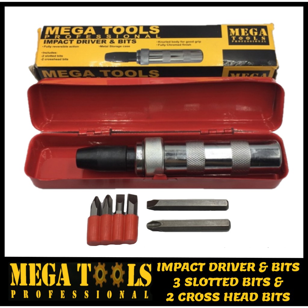 Mega Impact Driver & Bits 3 Slotted Bits & 2 Crosshead Bits Shopee