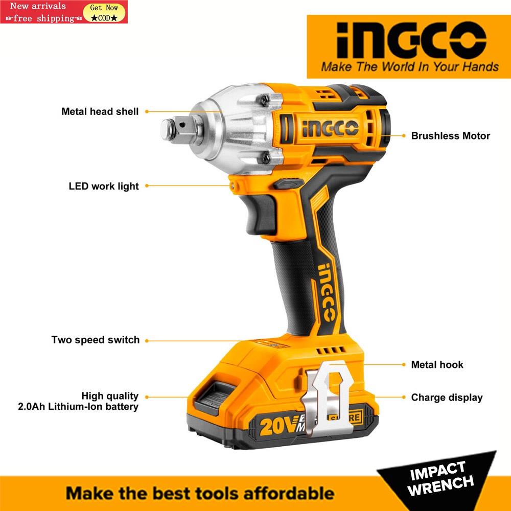 fast shipping Ingco CIWLI2001 LithiumIon Cordless Impact Wrench 1/2" Brushless Motor 20V P20S