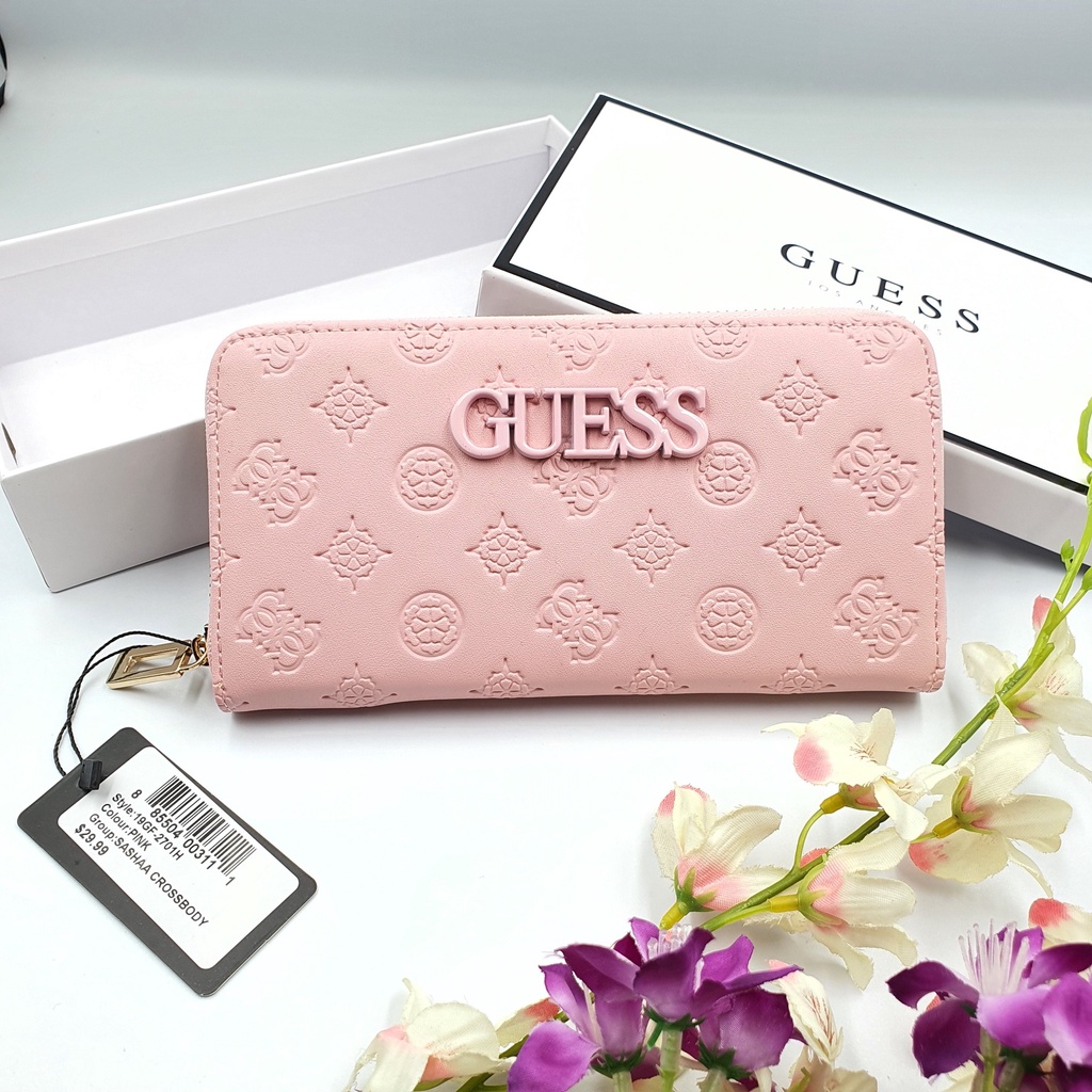 Guess Kamryn Zip Around Wallet in Pink PU Leather with Debossed Peony