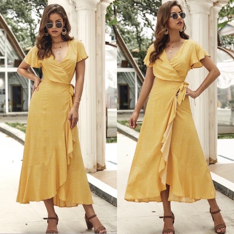 Vintage Boho coachella casual elegant classy floral semi formal vintage wrap tie ribbon maxi dress Shopee Philippines