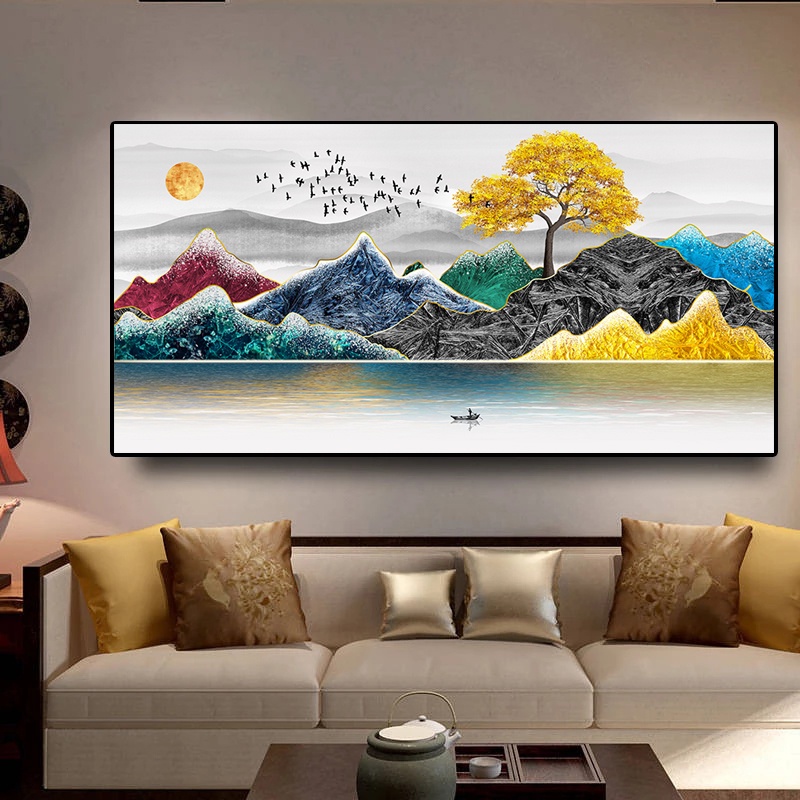 Wallpaper Nordic Abstract Gold Tree Birds Mountain Canvas Painting Wall ...