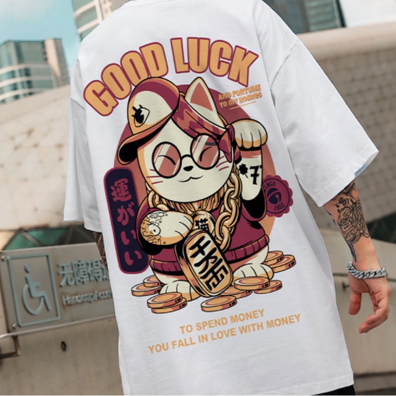 Chinese Lucky Cat Traditional nation Printed Graphic Short Sleeves