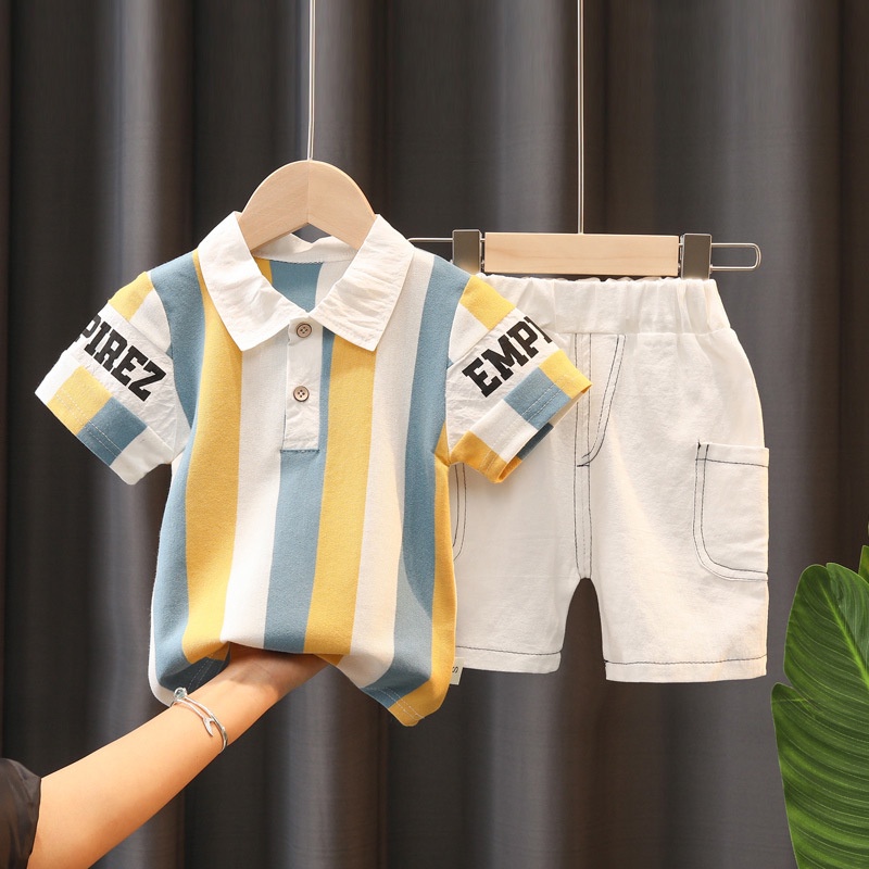 Boys suit children's lapel shirt baby striped t-shirt shorts two-piece ...