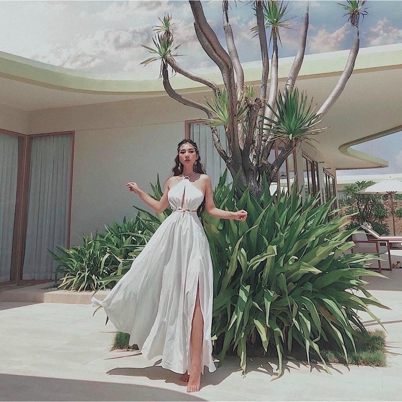 White Maxi Neck Open Chest Open Waist - Long Chiffon Dress With Split ...