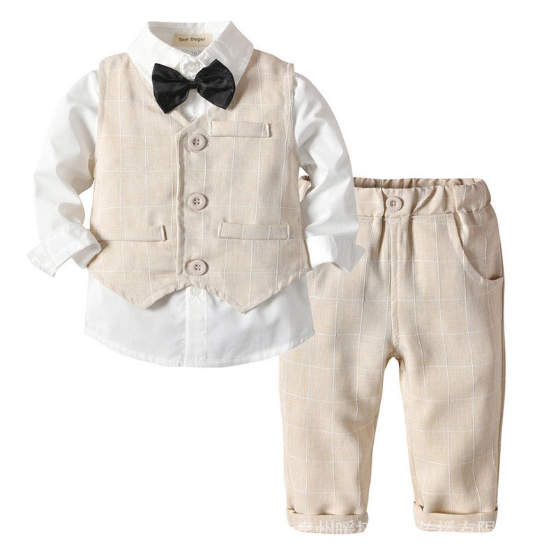 Kids baby boy outfit formal set 0-6y beige plaid waistcoat shirts - Main Image