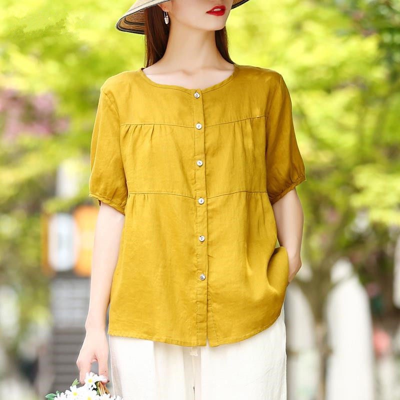 Cotton blouse plus size new literary casual loose Korean version short ...