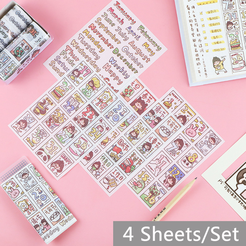 4 Sheets Cartoon Character Girl Cute Sticker Handbook Diary Decoration ...